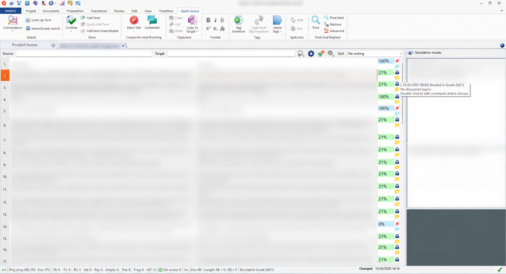 memoQ grid of a delivered file with source and target text blurred: several segments show padlock icons and confirmed status, including machine-translated segments at 21% match, while a 100% translation-memory match appears unlocked; a tooltip reads "Blocked A-Grade (M21)".